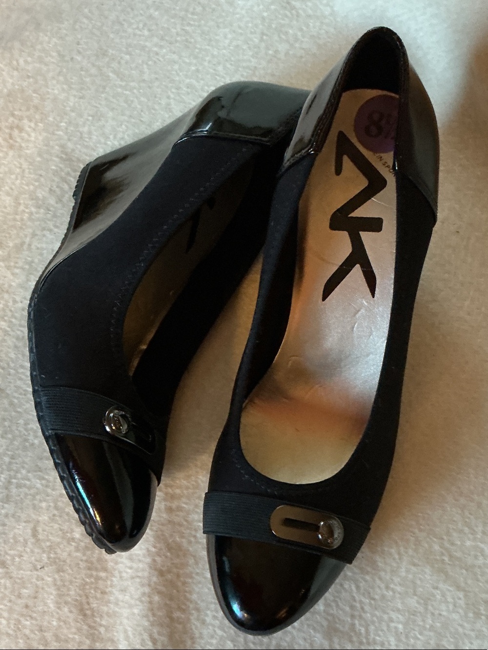 Anne Klein Black Patent & Fabric Wedge Pumps